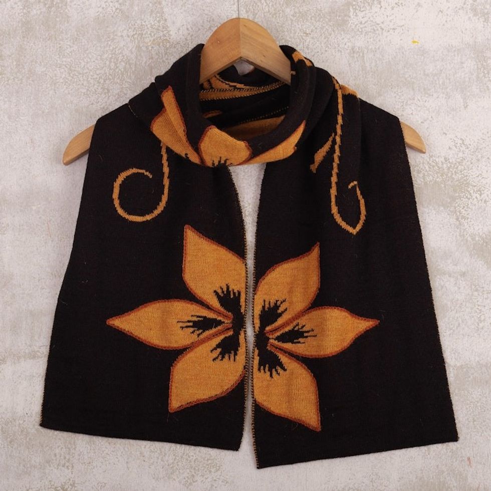 Floral Saffron and Black Reversible Alpaca Blend Scarf 'Saffron Retama Emotions'