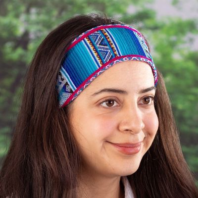 Alternate image for Acrylic Headband Crafted with Andean Textile in Blue Hues Andean Blue Mountain