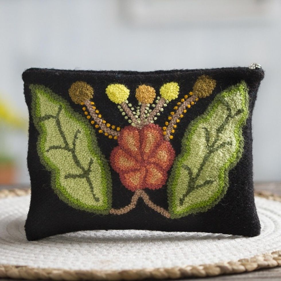Embroidered Floral Wool Clutch from Peru 'Queen Flower'