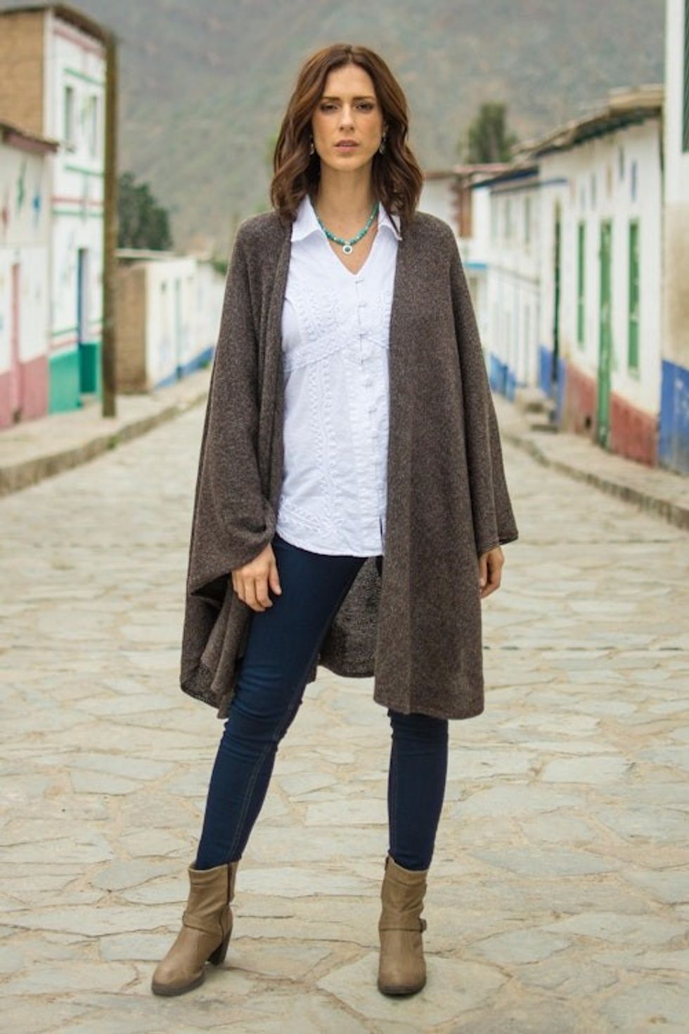 Artisan Crafted Alpaca Blend Wrap Ruana 'Brown Tweed'