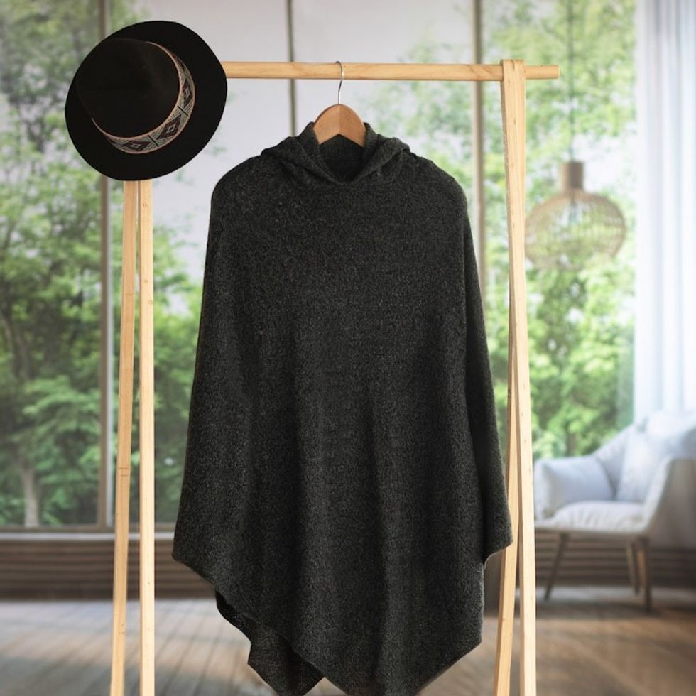 Knit Alpaca Blend Hooded Poncho in Graphite from Peru 'Adventurous Style in Slate'