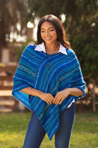 Alternate image for Hand Woven Blue Baby Alpaca Blend Poncho from Peru Sierra Sky