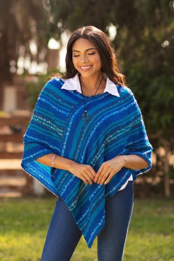 Alternate image for Hand Woven Blue Baby Alpaca Blend Poncho from Peru Sierra Sky