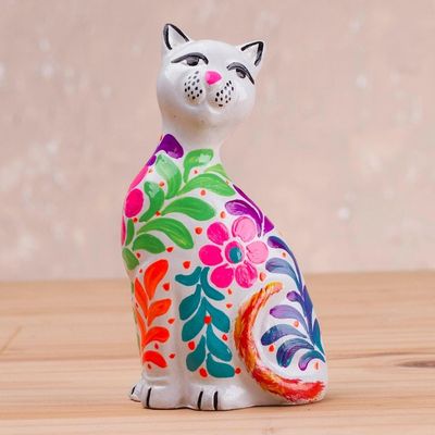 Alternate image for Ceramic Figurine of a Floral White Cat from Peru Sweet Cat in White