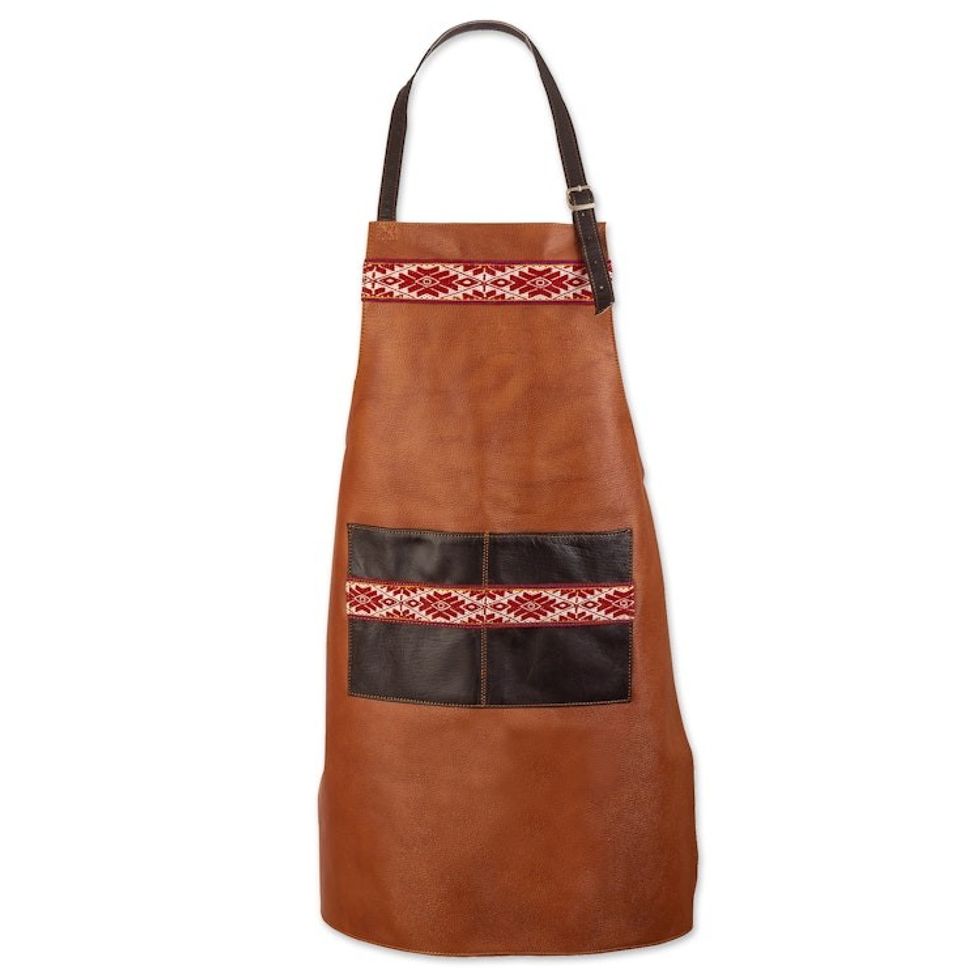 Peruvian Brown and Black Leather Apron with Textile Accents 'Family Day'