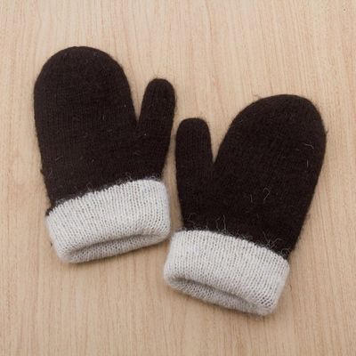 Alternate image for Peruvian Reversible 100 Alpaca Black and Eggshell Mittens Striking Contrast