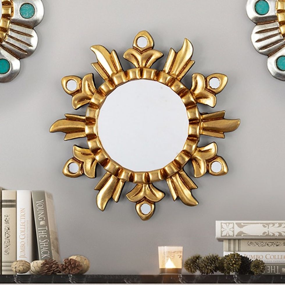 Handmade Leaf-Themed Antique Gilded Bronze Wood Wall Mirror 'Golden Leaves'