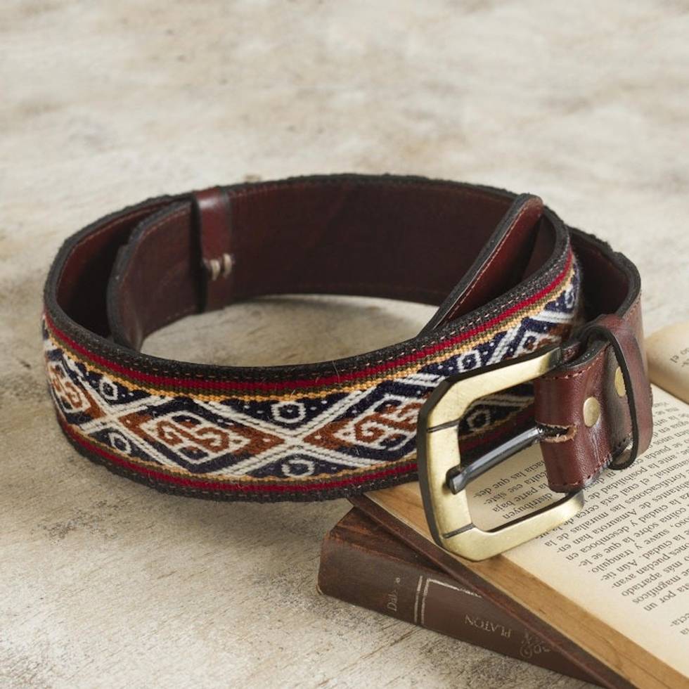 Hand Loomed Wool Accent Leather Belt 'Inca Ancestors'