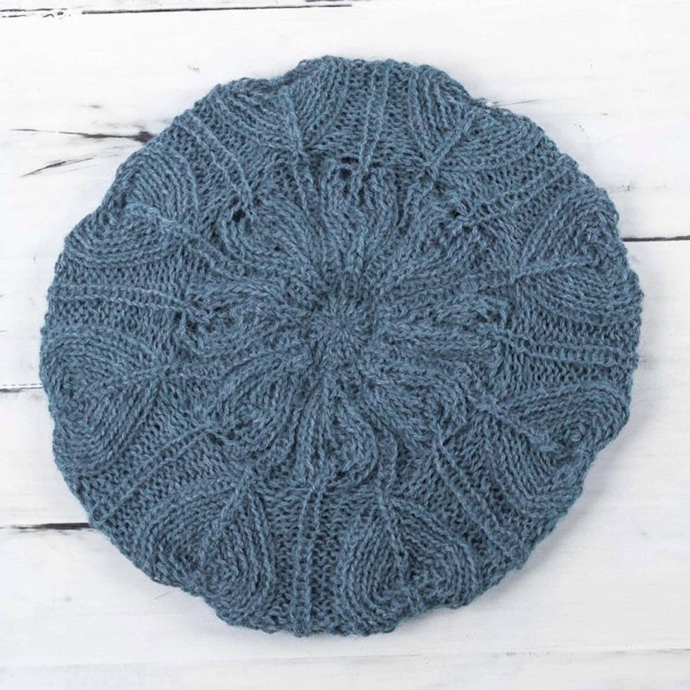 Women's Blue Beret Hat Knitted by Hand in 100 Alpaca Wool 'Azure Leaves'