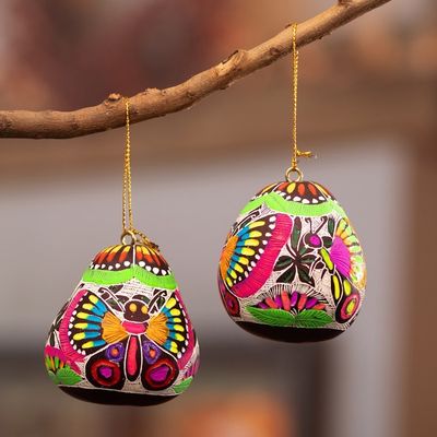Alternate image for Dried Gourd Ornaments with Colorful Butterfly Motifs Pair Vibrant Hope