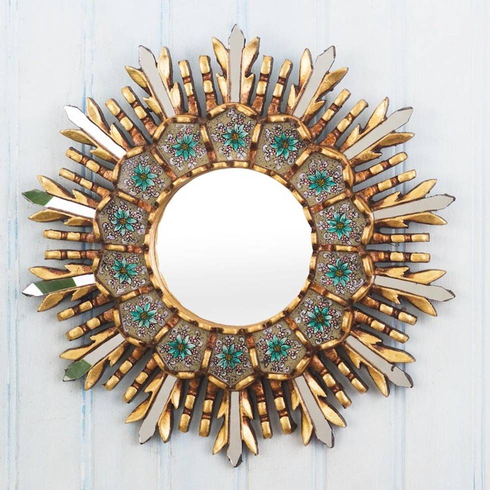 Floral Painted Glass and Wood Accent Mirror 'Cusco Meadow'