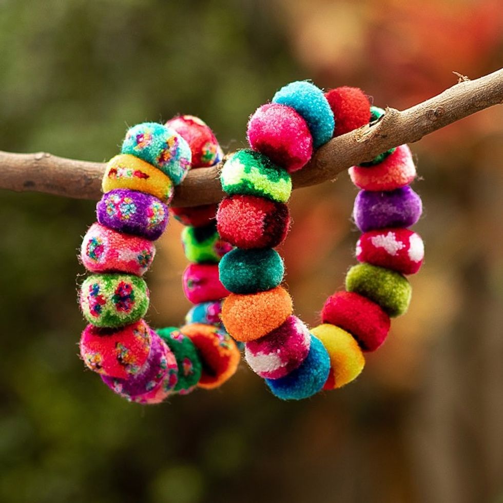 Multicolor Pompom Scrunchies from Peru Pair 'Dancing at the Andean Festival'