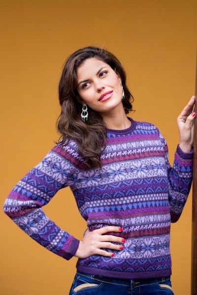 Alternate image for Knit 100 Alpaca Snowflake Pattern Pullover Sweater Purple Poppy