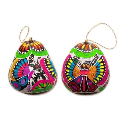 Alternate image for Dried Gourd Ornaments with Colorful Butterfly Motifs Pair Vibrant Hope