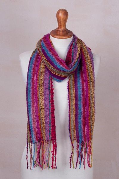 Alternate image for Baby Alpaca Blend Hand Woven Colorful Striped Scarf Draped with Color