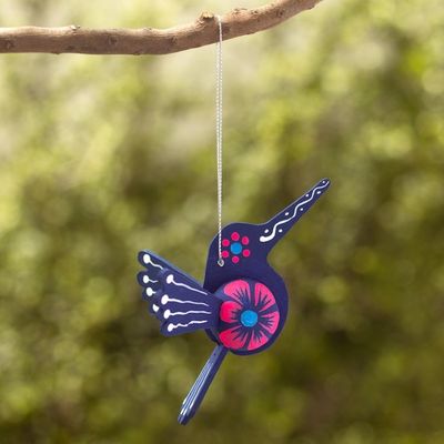 Alternate image for Blue Hand-Painted MDF Hummingbird Christmas Ornament Sapphire Hummingbird