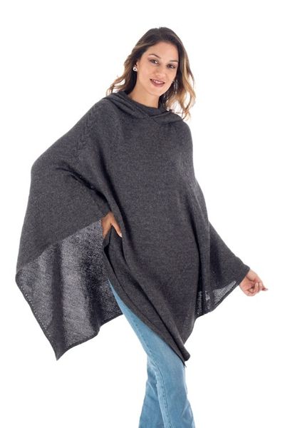 Alternate image for Knit Alpaca Blend Hooded Poncho in Graphite from Peru Adventurous Style in Slate