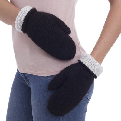 Alternate image for Peruvian Reversible 100 Alpaca Black and Eggshell Mittens Striking Contrast