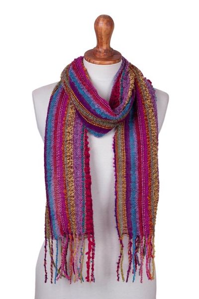 Alternate image for Baby Alpaca Blend Hand Woven Colorful Striped Scarf Draped with Color