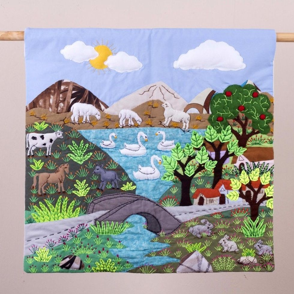 Cotton Blend Patchwork Wall Hanging of Peruvian Scene 'Lakeside Village'