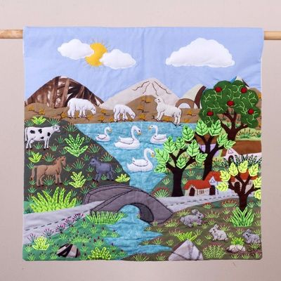 Alternate image for Cotton Blend Patchwork Wall Hanging of Peruvian Scene Lakeside Village