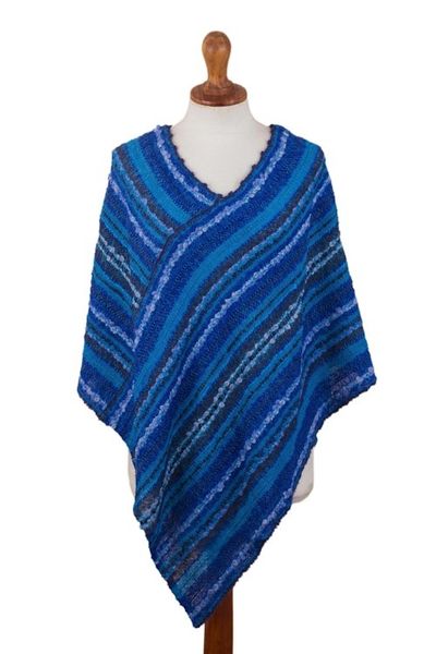 Alternate image for Hand Woven Blue Baby Alpaca Blend Poncho from Peru Sierra Sky