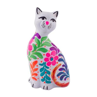 Alternate image for Ceramic Figurine of a Floral White Cat from Peru Sweet Cat in White