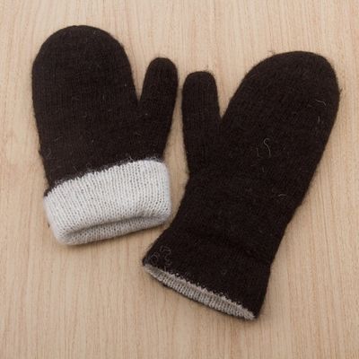 Alternate image for Peruvian Reversible 100 Alpaca Black and Eggshell Mittens Striking Contrast