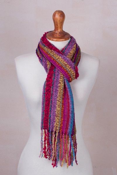 Alternate image for Baby Alpaca Blend Hand Woven Colorful Striped Scarf Draped with Color