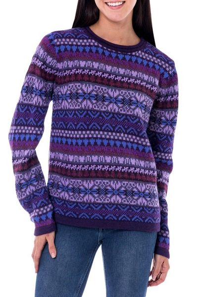 Alternate image for Knit 100 Alpaca Snowflake Pattern Pullover Sweater Purple Poppy