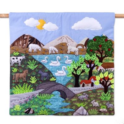 Alternate image for Cotton Blend Patchwork Wall Hanging of Peruvian Scene Lakeside Village