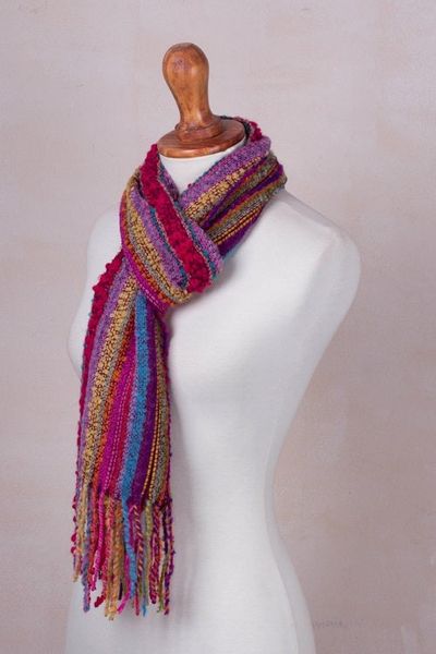 Alternate image for Baby Alpaca Blend Hand Woven Colorful Striped Scarf Draped with Color