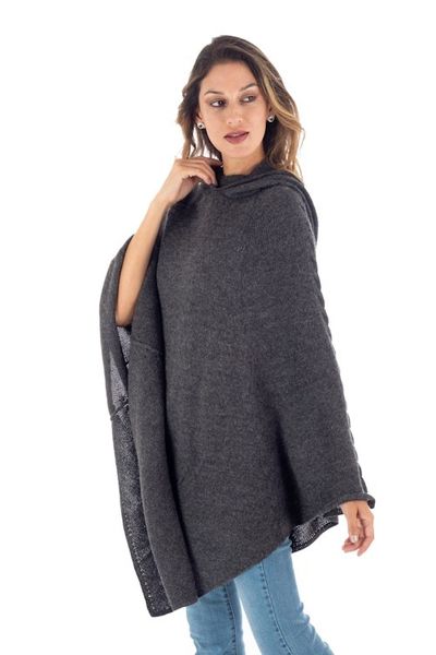 Alternate image for Knit Alpaca Blend Hooded Poncho in Graphite from Peru Adventurous Style in Slate