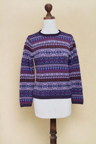 Alternate image for Knit 100 Alpaca Snowflake Pattern Pullover Sweater Purple Poppy
