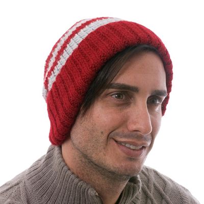 Alternate image for Mens Red and Grey Striped Alpaca Blend Hat from Peru Winters Embrace in Red