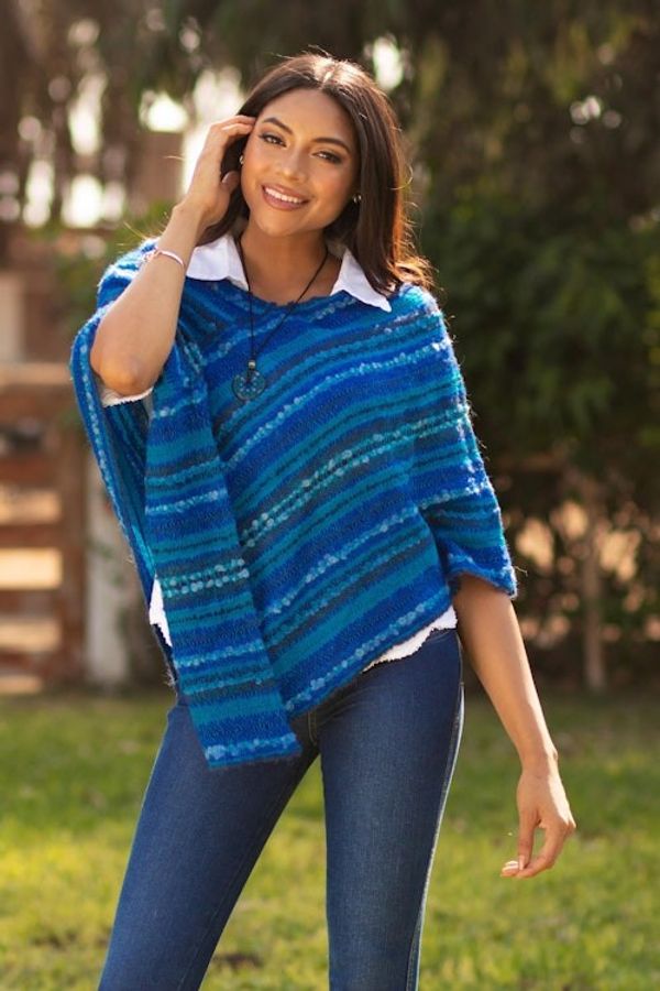 Alternate image for Hand Woven Blue Baby Alpaca Blend Poncho from Peru Sierra Sky