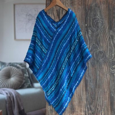 Alternate image for Hand Woven Blue Baby Alpaca Blend Poncho from Peru Sierra Sky