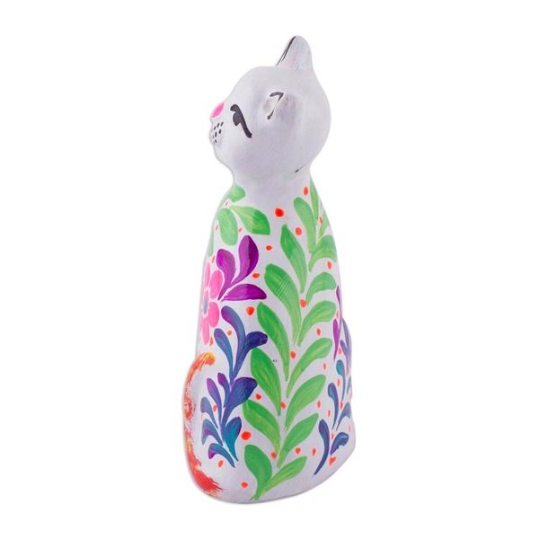 Alternate image for Ceramic Figurine of a Floral White Cat from Peru Sweet Cat in White