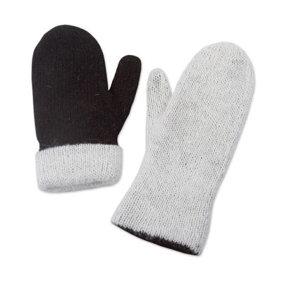 Alternate image for Peruvian Reversible 100 Alpaca Black and Eggshell Mittens Striking Contrast