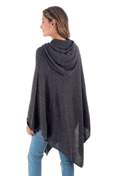 Alternate image for Knit Alpaca Blend Hooded Poncho in Graphite from Peru Adventurous Style in Slate