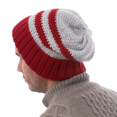 Alternate image for Mens Red and Grey Striped Alpaca Blend Hat from Peru Winters Embrace in Red