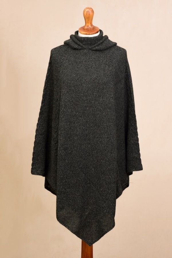 Alternate image for Knit Alpaca Blend Hooded Poncho in Graphite from Peru Adventurous Style in Slate