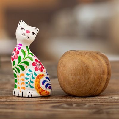 Alternate image for Ceramic Figurine of a Floral White Cat from Peru Sweet Cat in White