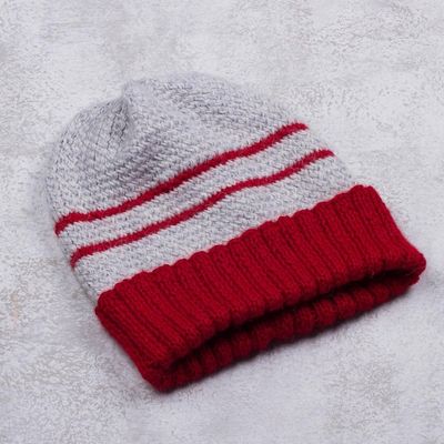 Alternate image for Mens Red and Grey Striped Alpaca Blend Hat from Peru Winters Embrace in Red