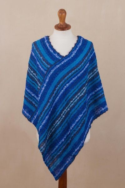 Alternate image for Hand Woven Blue Baby Alpaca Blend Poncho from Peru Sierra Sky