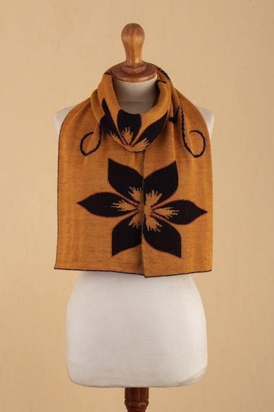 Alternate image for Floral Saffron and Black Reversible Alpaca Blend Scarf Saffron Retama Emotions