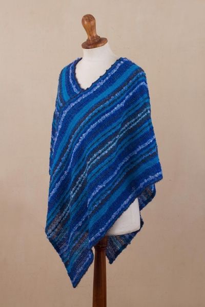 Alternate image for Hand Woven Blue Baby Alpaca Blend Poncho from Peru Sierra Sky