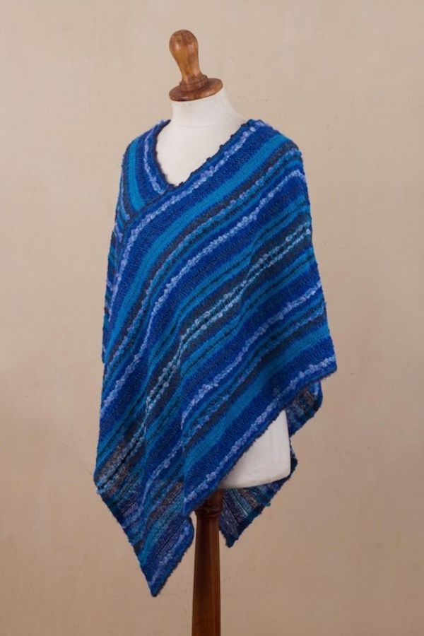 Alternate image for Hand Woven Blue Baby Alpaca Blend Poncho from Peru Sierra Sky