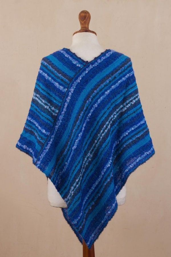 Alternate image for Hand Woven Blue Baby Alpaca Blend Poncho from Peru Sierra Sky
