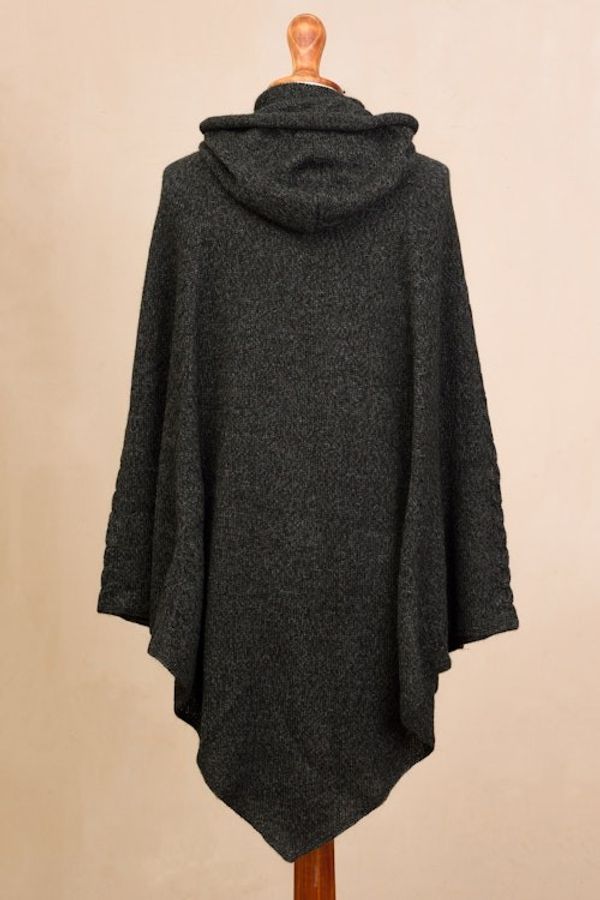 Alternate image for Knit Alpaca Blend Hooded Poncho in Graphite from Peru Adventurous Style in Slate